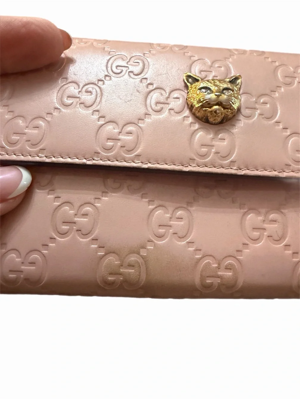 Gucci Pink Blush GG Embossed Leather Wallet with Gold Cat Head